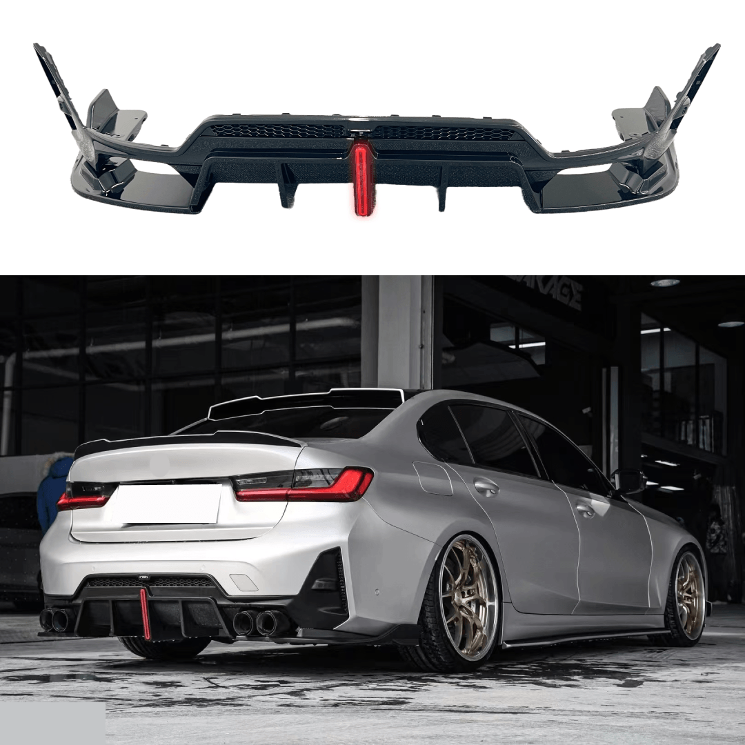 thumbnail image 2 of Gloss Black Rear Lower Diffuser With LED For BMW 3 Series G20 LCI 2023-2024 – Performance Style, 3-Piece Kit 2 of 6