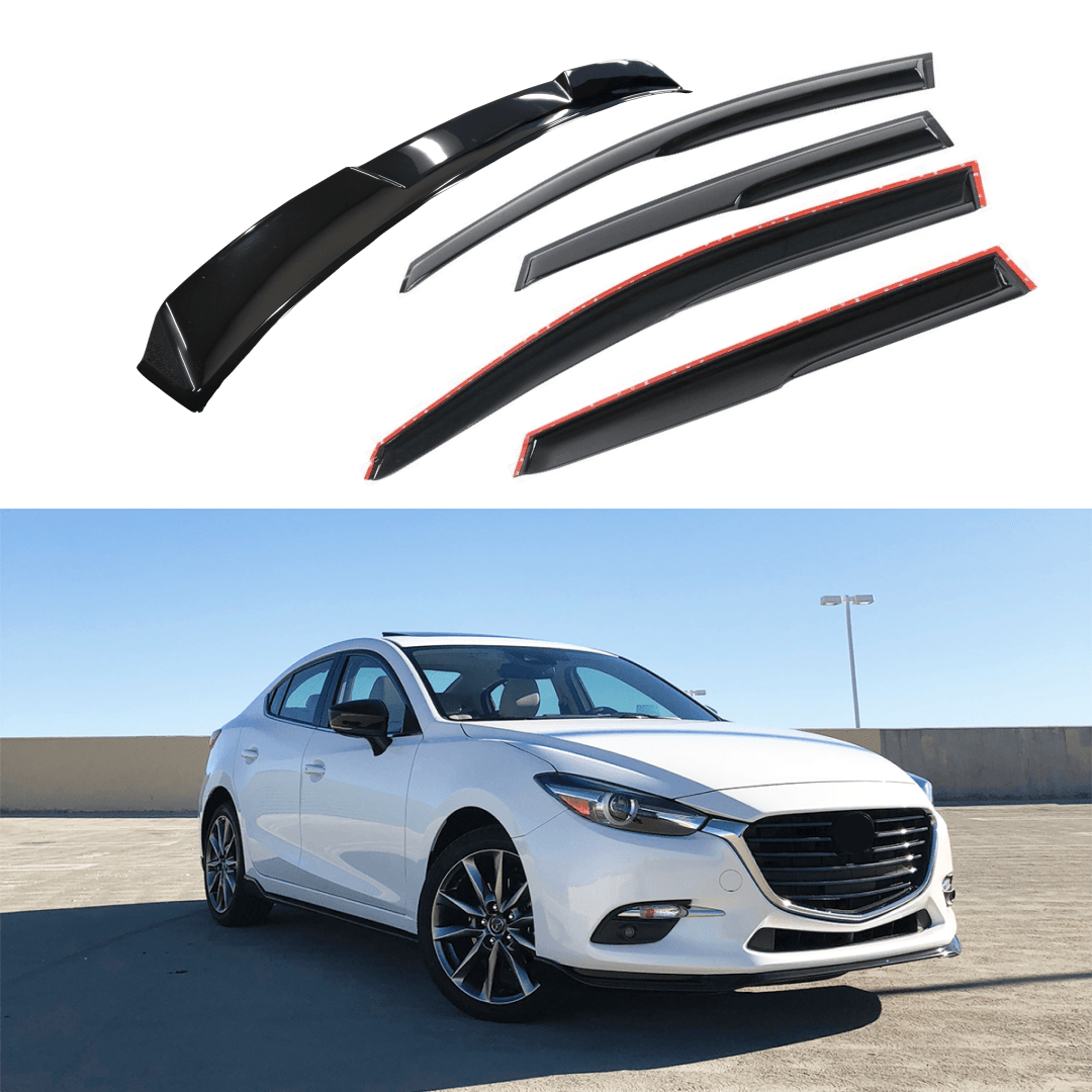 Smoke 3D Wavy Window Visors For 2014-2018 Mazda 3/Axela - Mugen Style, 4-Piece Set With Adhesive Mount