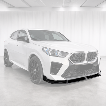 SuperAutoUSA gloss black front bumper lip splitter installed on a 2024 BMW X2 U10 crossover