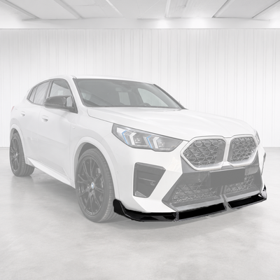 SuperAutoUSA gloss black front bumper lip splitter installed on a 2024 BMW X2 U10 crossover