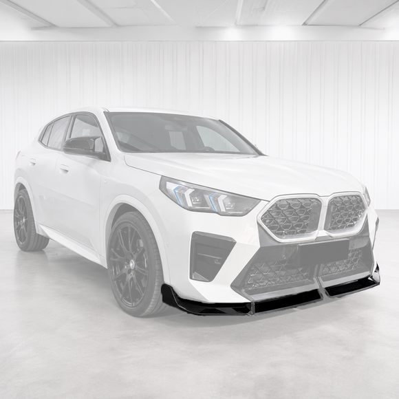 SuperAutoUSA gloss black front bumper lip splitter installed on a 2024 BMW X2 U10 crossover