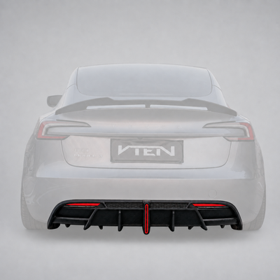 SuperAutoUSA VTEN style gloss black rear diffuser with integrated LED light installed on a 2024+ Tesla Model 3 Highland