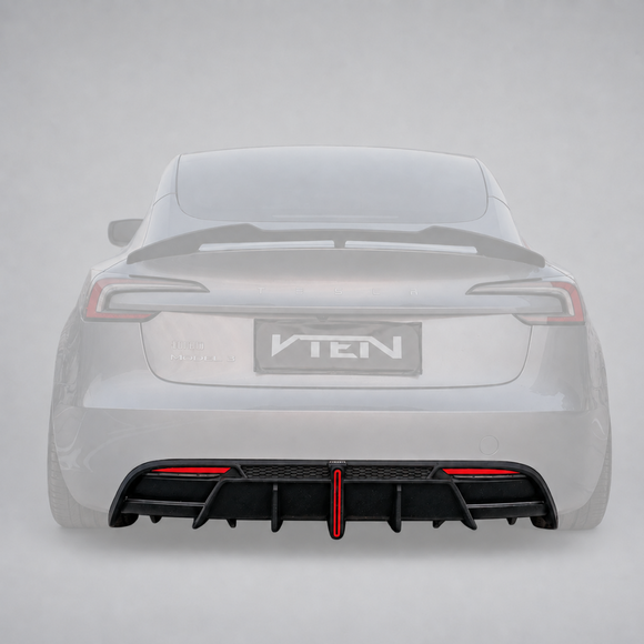 SuperAutoUSA VTEN style gloss black rear diffuser with integrated LED light installed on a 2024+ Tesla Model 3 Highland
