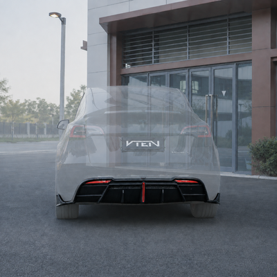 SuperAutoUSA VTEN style gloss black rear diffuser with integrated LED light installed on a Tesla Model Y