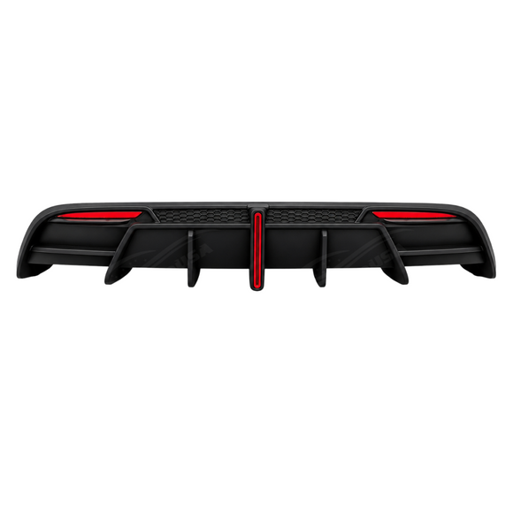 Direct rear view highlighting the aggressive vertical aero fins and central F1-style LED light on the Model 3 bumper