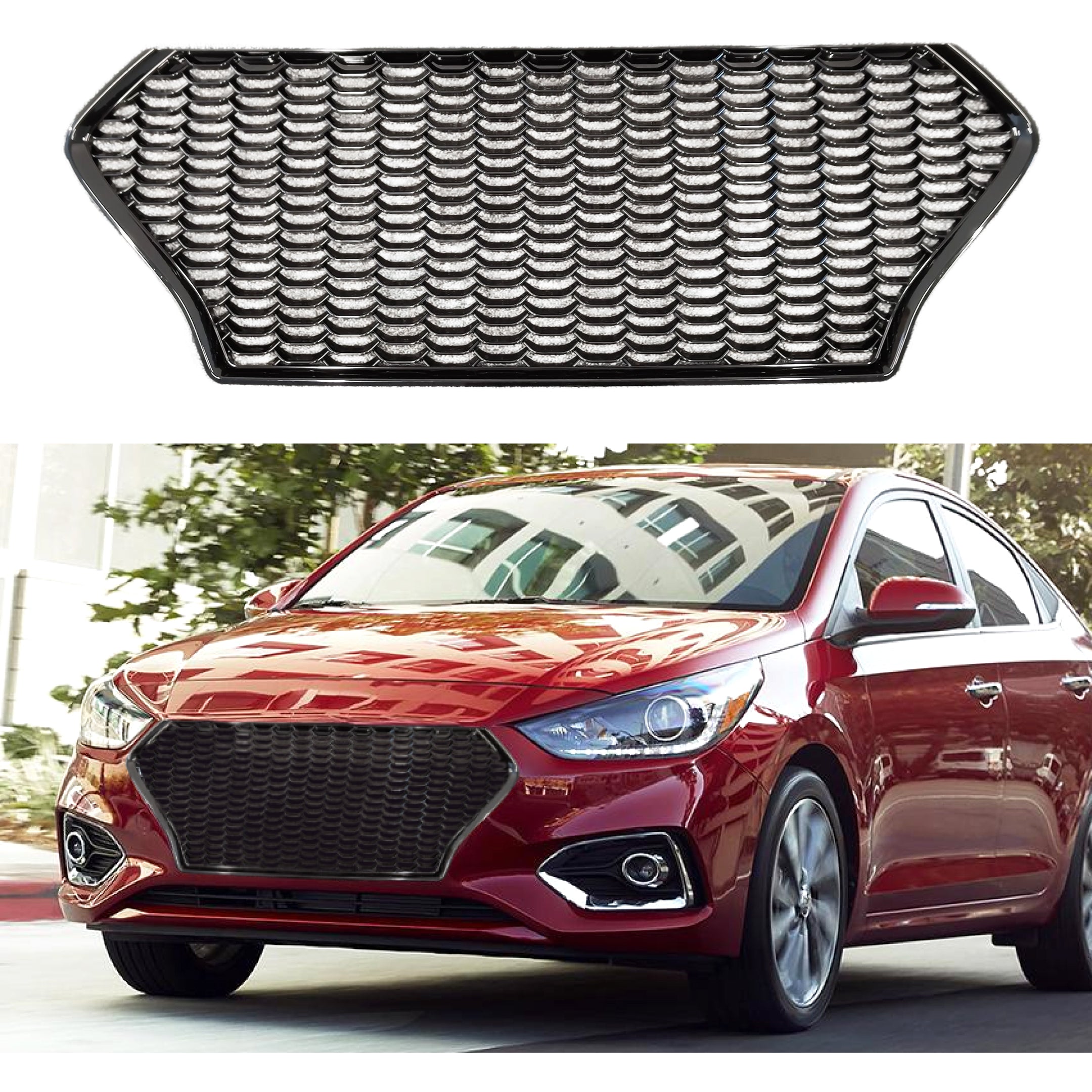 For 2018-2022 Accent Honeycomb Pattern Gloss Black Front Bumper Grille