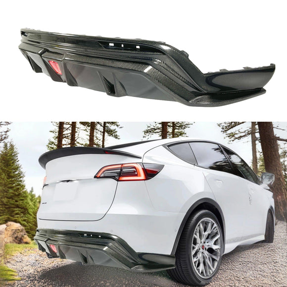 2021 Tesla Model Y Real Carbon Fiber Rear Body Splitter W/ LED Light by SuperAutoUSA
