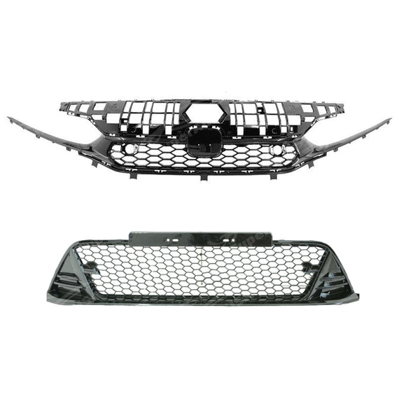 For 2022-24 Honda Civic Sedan Honeycomb Pattern Gloss Black Front Bumper Grille