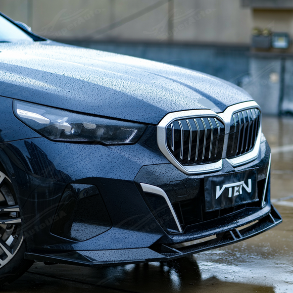 Gloss black SuperAutoUSA VTEN front lip providing sharp lower contrast on a Phytonic Blue BMW 5 Series G60