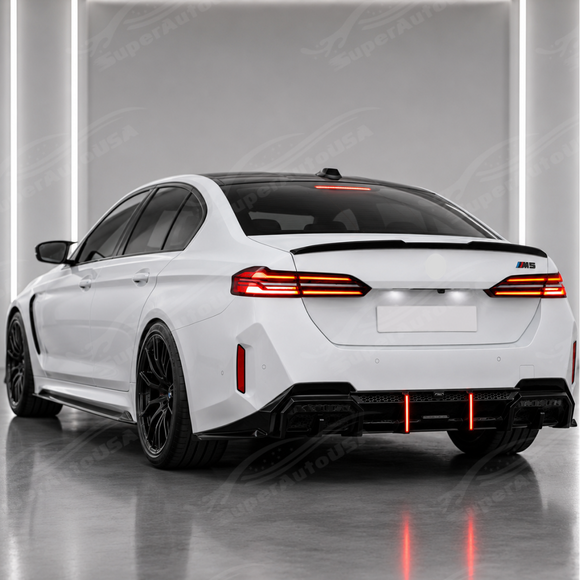 High-gloss black SuperAutoUSA VTEN wing providing a bold contrast on a Phytonic Blue BMW 5 Series G60