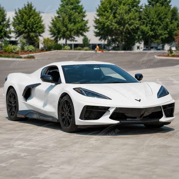 3K twill carbon fiber exotic side skirts providing contrast on a Torch Red Chevrolet Corvette C8