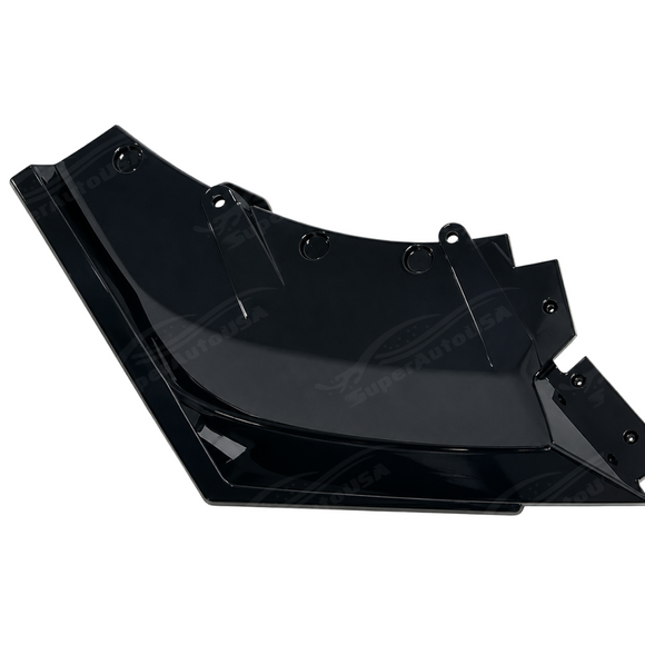 Ground-level shot highlighting the aggressive center air channel and winglets of the SuperAutoUSA VTEN splitter