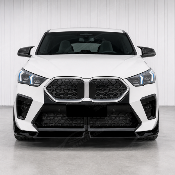 High-contrast visual transformation of the SuperAutoUSA gloss black lip on an Alpine White 2025 BMW X2