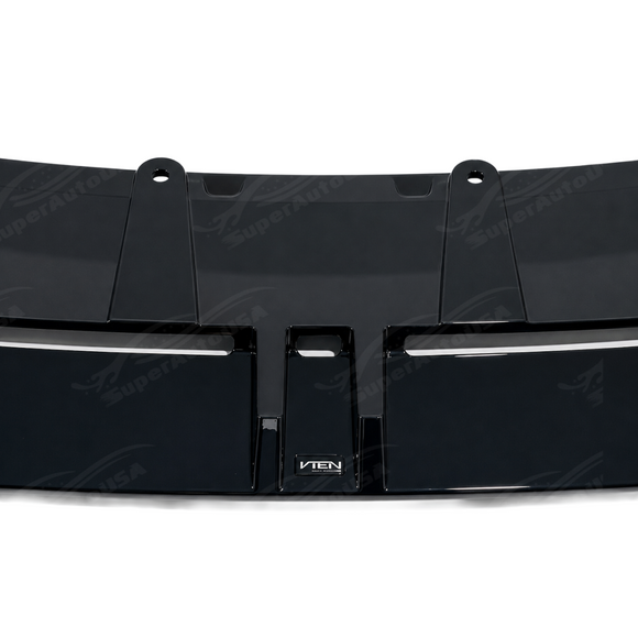 Detailed close-up of the mirror-finish gloss black clear coat on the SuperAutoUSA front lip splitter