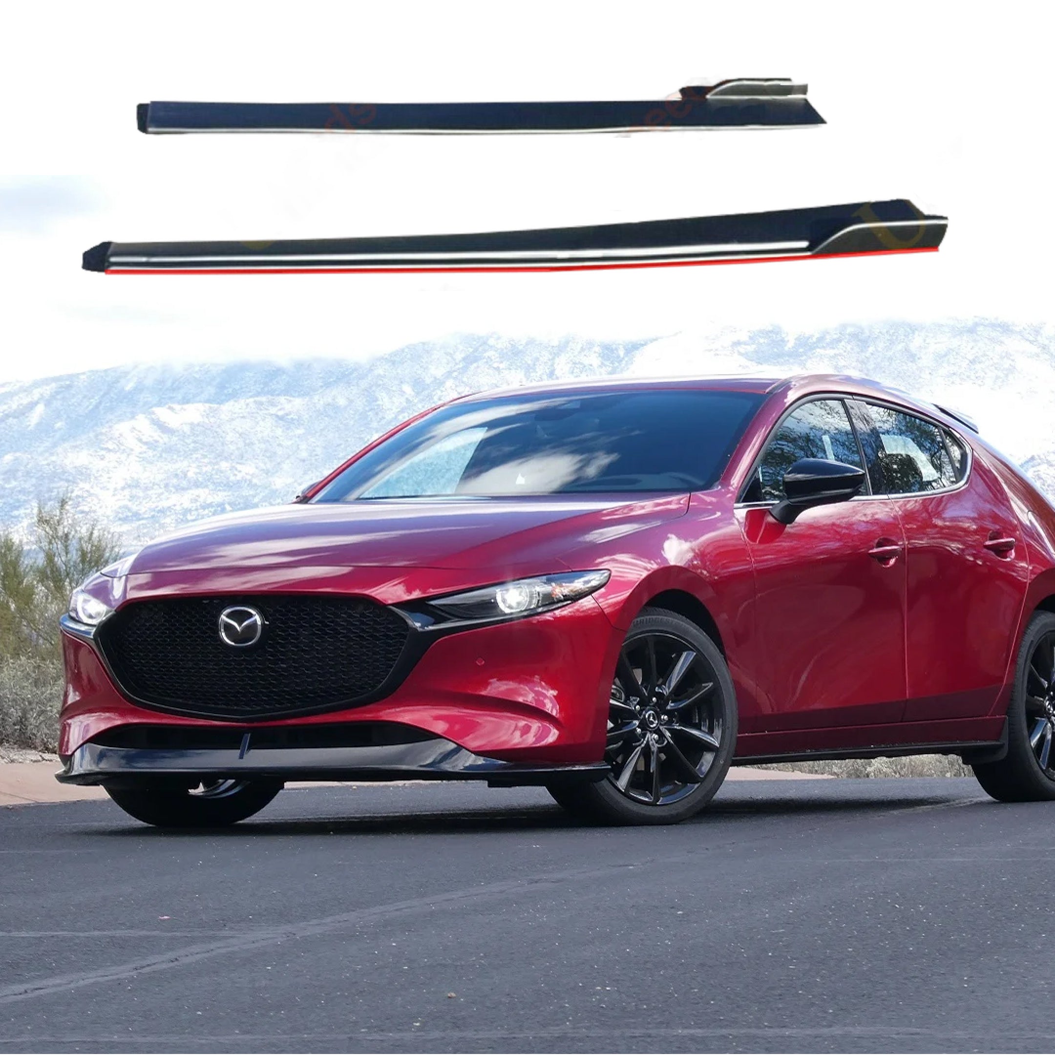Compatible con Mazda Mazda3 Sedan 2012-2022 de 4 puertas, color negro y rojo, kit de faldones laterales para carrocería.