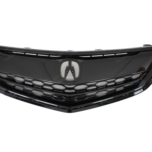 Detailed view of the center emblem mounting area on the SuperAutoUSA gloss black TLX grille