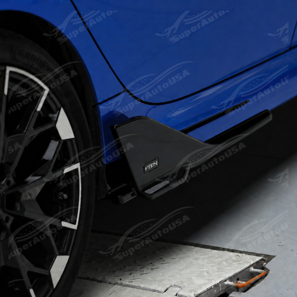 Reflective UV-resistant high-gloss top coat on the VTEN side skirts under direct outdoor light