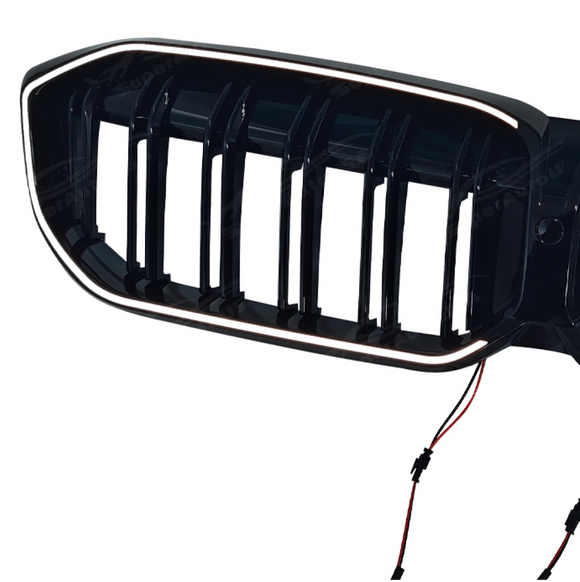 Close-up of the integrated LED light strip and mirror-finish gloss black on the SuperAutoUSA G20 grille