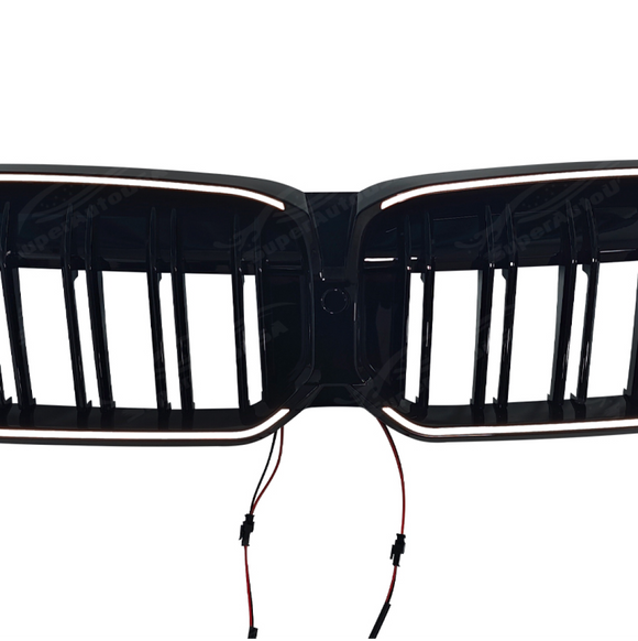Direct front view of the SuperAutoUSA LCI-style gloss black illuminated grille for 2023-2025 BMW 3 Series