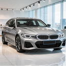 Full front 3/4 view of a 2024 BMW M340i featuring the SuperAutoUSA glowing double-slat grille
