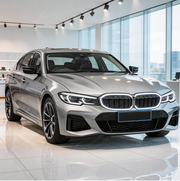 Full front 3/4 view of a 2024 BMW M340i featuring the SuperAutoUSA glowing double-slat grille