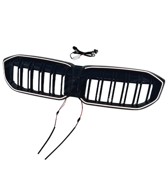 Standalone view of the uninstalled SuperAutoUSA gloss black illuminated kidney grille for BMW 3 Series
