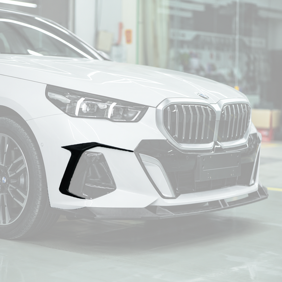 SuperAutoUSA VTEN style gloss black front bumper canards installed on a 2024 BMW 5 Series G60 sedan