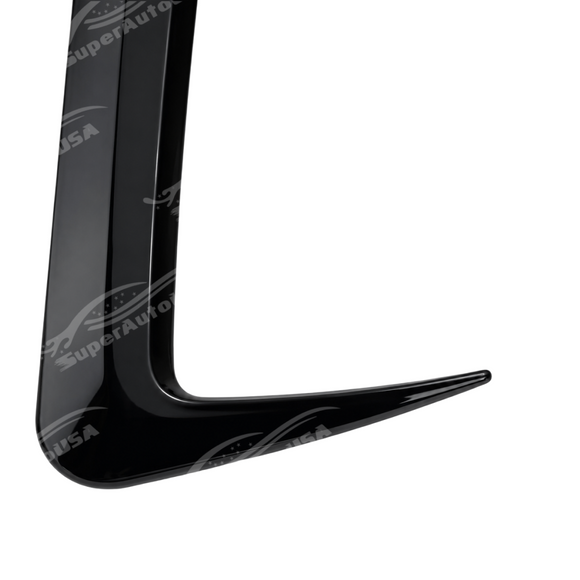 Close-up view showing the mirror-finish gloss black clear coat on the SuperAutoUSA front bumper canards