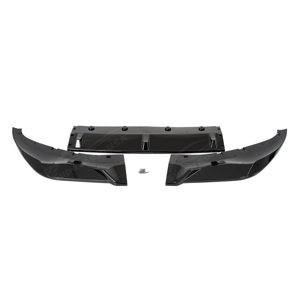 Standalone view of the uninstalled 3-piece gloss black front bumper splitter kit
