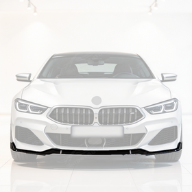 SuperAutoUSA gloss black front bumper lip installed on a 2019 BMW 8 Series G16 Gran Coupe