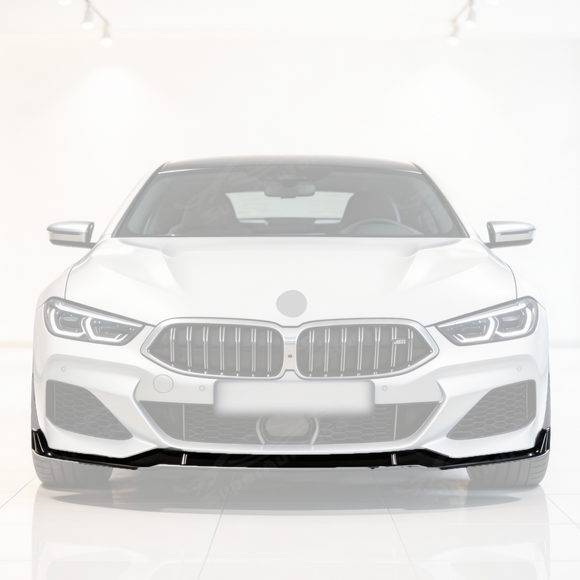 SuperAutoUSA gloss black front bumper lip installed on a 2019 BMW 8 Series G16 Gran Coupe