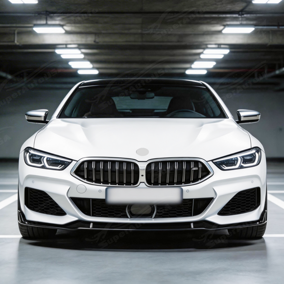 Precision SuperAutoUSA fitment along the M-Sport style bumper of a 2025 BMW 8 Series G16