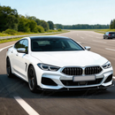 Full 3/4 view of a 2024 BMW 840i Gran Coupe featuring the SuperAutoUSA gloss black front lip kit
