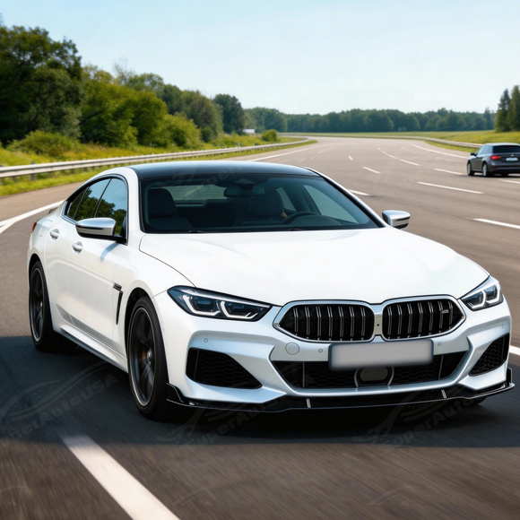 Full 3/4 view of a 2024 BMW 840i Gran Coupe featuring the SuperAutoUSA gloss black front lip kit