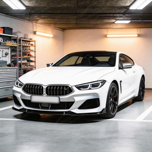 SuperAutoUSA gloss black lip providing sharp contrast on an Alpine White BMW 8 Series Gran Coupe