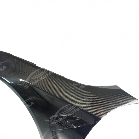 Rear view of uninstalled carbon fiber fender panel showing mounting points