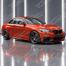 The completed motorsport-inspired exterior stance of a 2014-2021 BMW 2-Series with full M2 style side panels