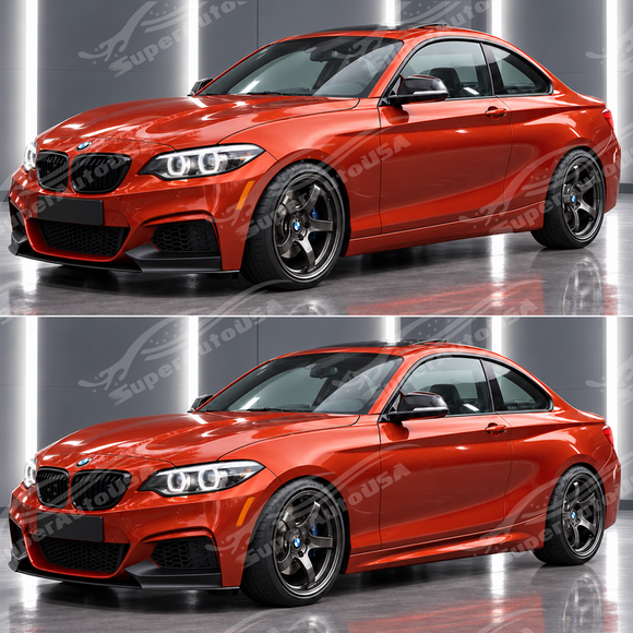 Visual side-by-side comparison between the flatter OEM standard 2-Series rocker panel and the flared M2 style replacement