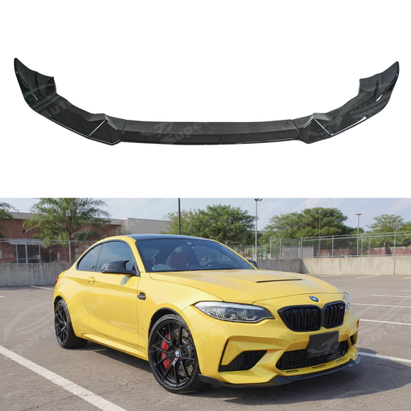 CS Style carbon fiber front bumper cover fascia, upper and lower grilles, and lip body kits on a 2019 BMW F87 M2