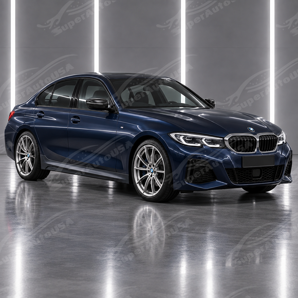The completed motorsport-inspired stance of a 2019-2026 BMW 3-Series G20 with full side aero styling
