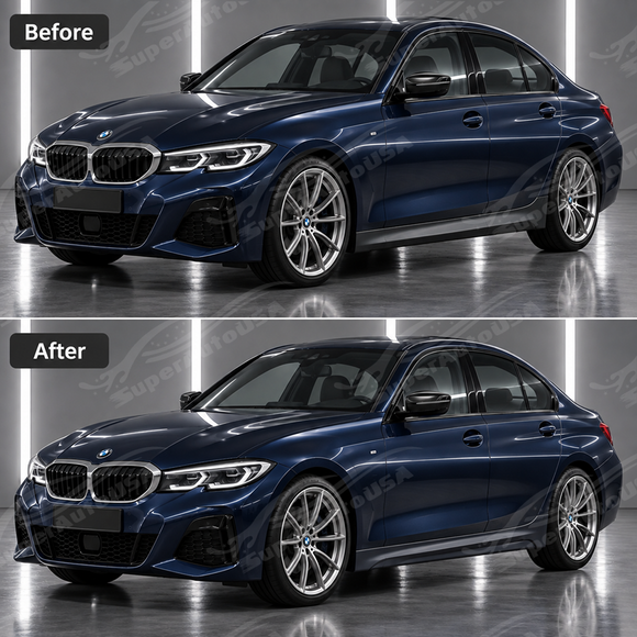 Visual side-by-side comparison between the stock BMW G20 rocker panel and the lowered MP style side skirt extension