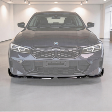 SuperAutoUSA gloss black front bumper lip installed on a 2023 BMW 3 Series G20 LCI
