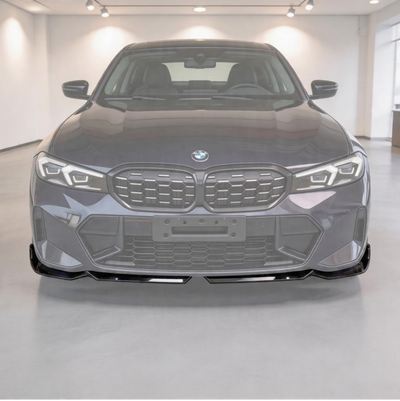 SuperAutoUSA gloss black front bumper lip installed on a 2023 BMW 3 Series G20 LCI