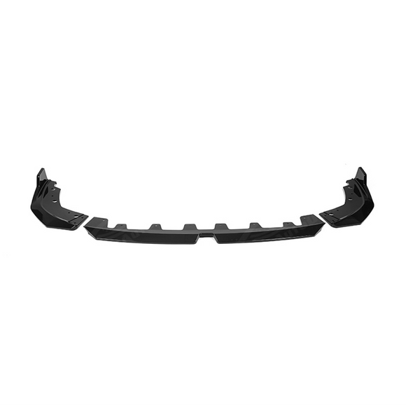 Direct front-facing view of the SuperAutoUSA aerodynamic gloss black front splitter for 2023-2025 BMW 3 Series