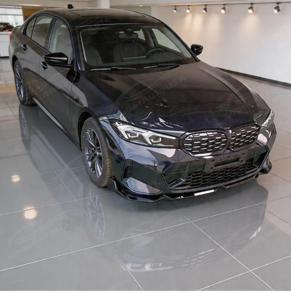 Full front 3/4 perspective of a 2024 BMW M340i featuring the SuperAutoUSA gloss black front splitter