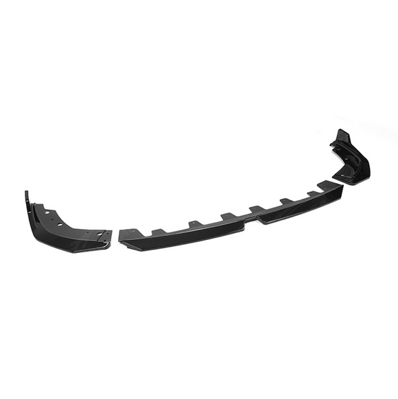 Standalone view of the uninstalled 3-piece gloss black front lip for BMW 3 Series G20