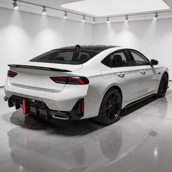 Close-up of the aggressive shark fin aerodynamic strakes on the SuperAutoUSA rear diffuser