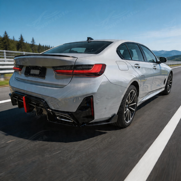 Three-quarter left view showing how the gloss black diffuser extends and integrates with the M-Sport bumper lines.