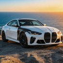 Full side view of a 2023 BMW M440i featuring the SuperAutoUSA carbon fiber fender accents