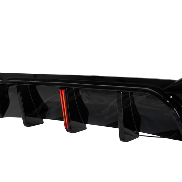 Close-up of the premium mirror-finish gloss black coating on the SuperAutoUSA 4 Series rear diffuser